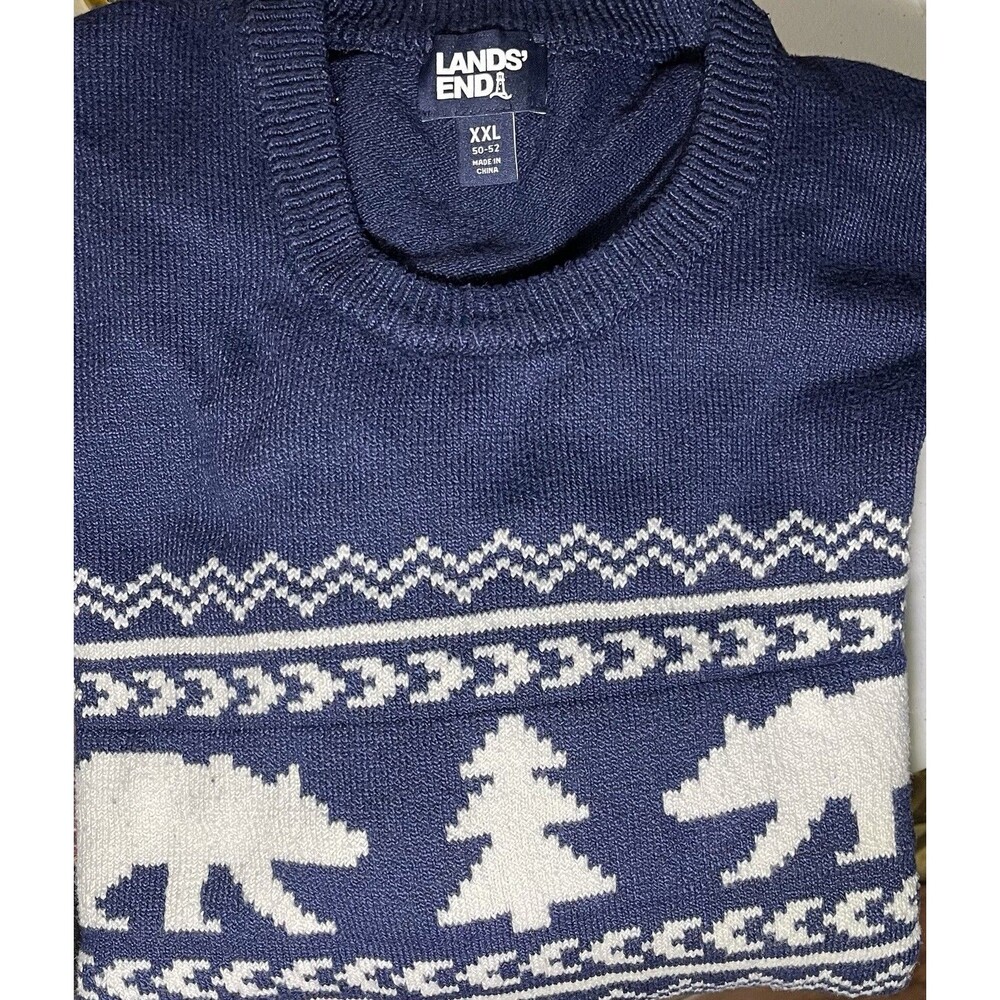 Lands' End Sweater Fair Isle Knit Crewneck Polar Bear & Tree Blue White Mens XXL